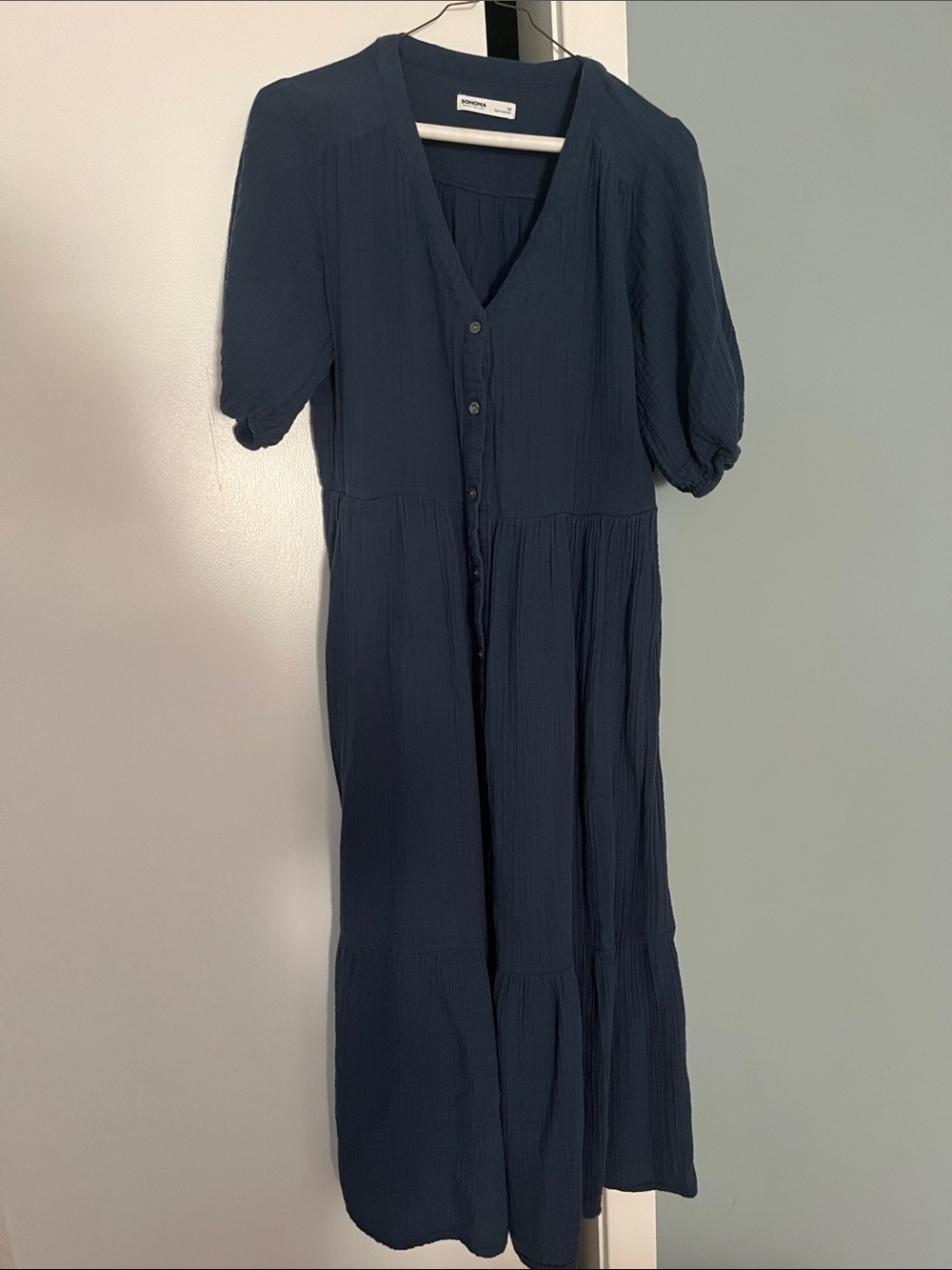 Sonoma Navy Button-Front Tiered Midi Dress